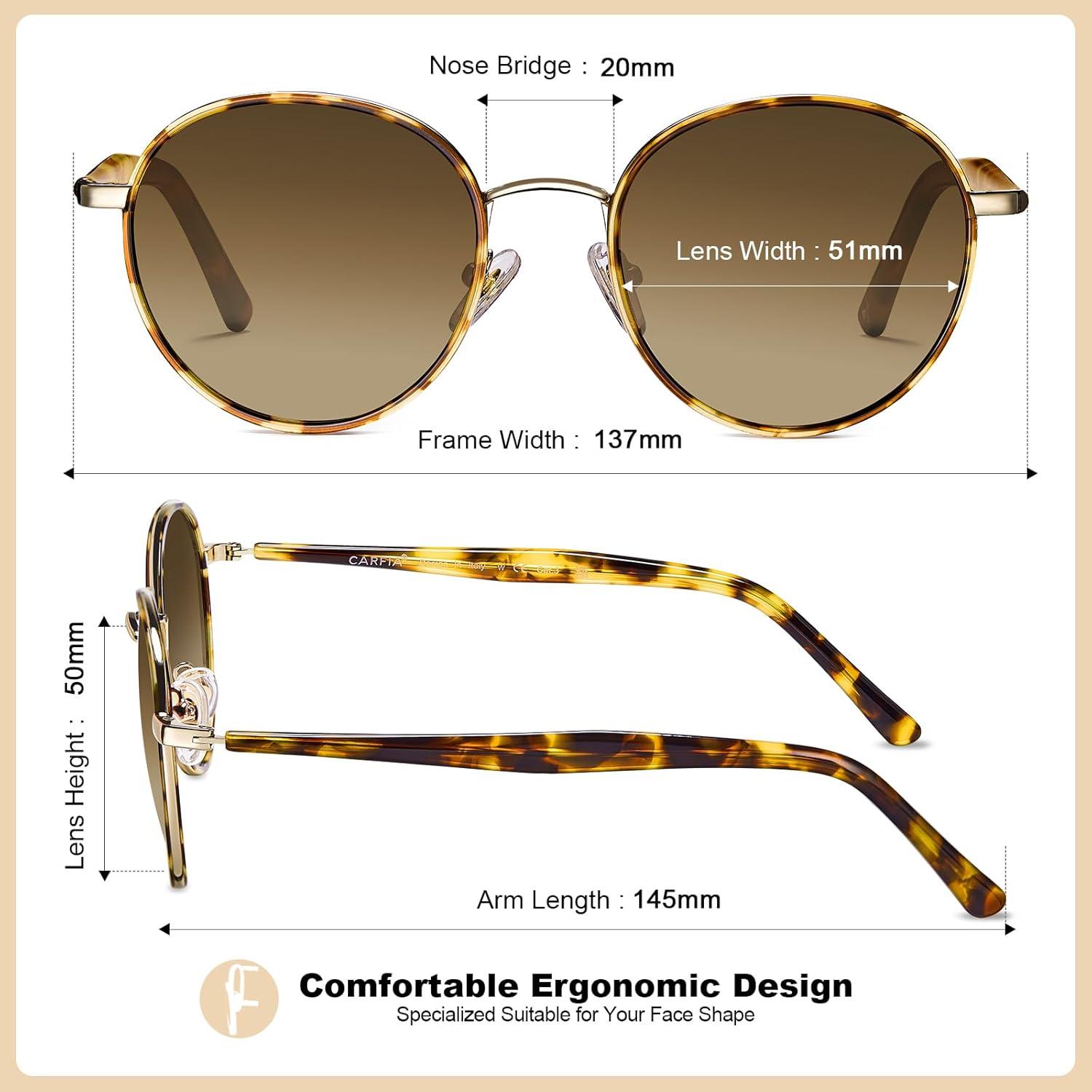 image:imageCARFIA Retro Round Polarized Sunglasses for Women UV Protection Acetate Arms Metal Frame Driving GlassesC Brown Tortoise Frame Brown Gradient Lens