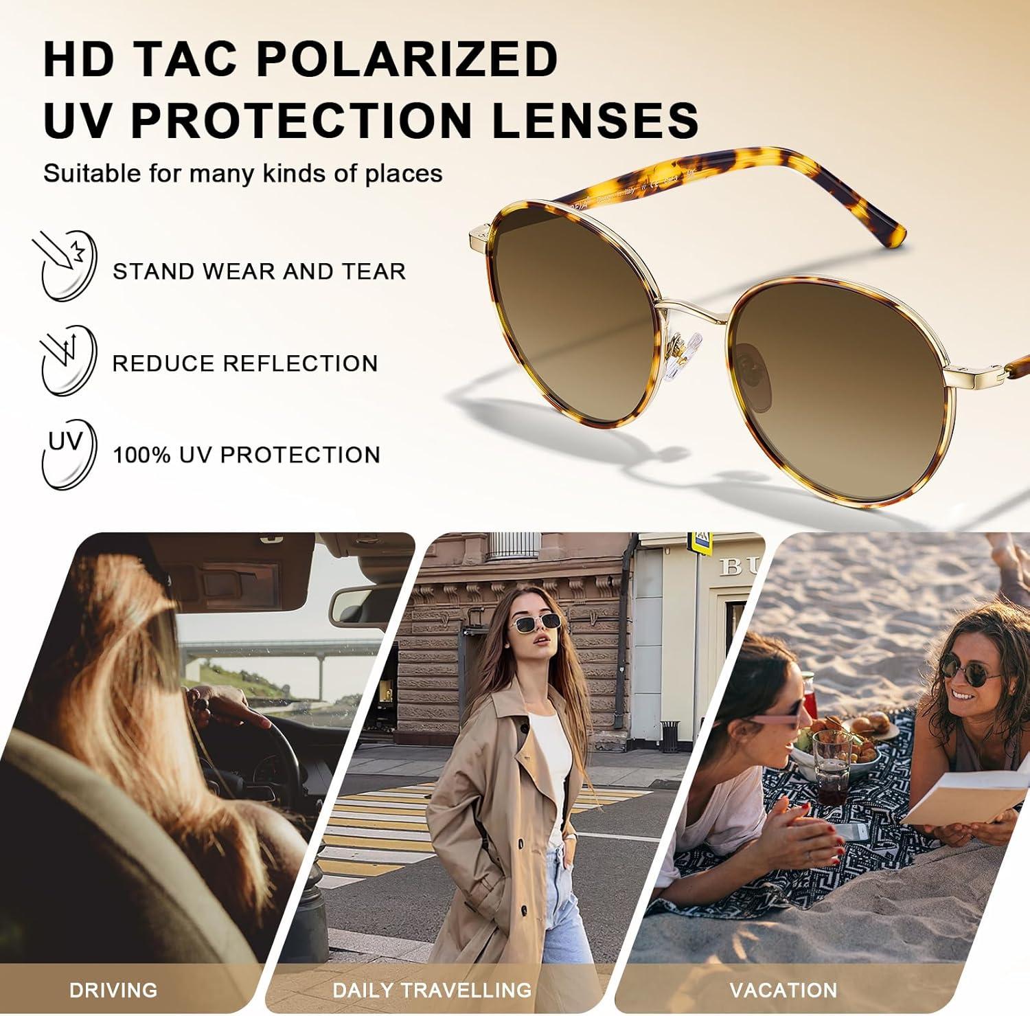image:imageCARFIA Retro Round Polarized Sunglasses for Women UV Protection Acetate Arms Metal Frame Driving GlassesC Brown Tortoise Frame Brown Gradient Lens