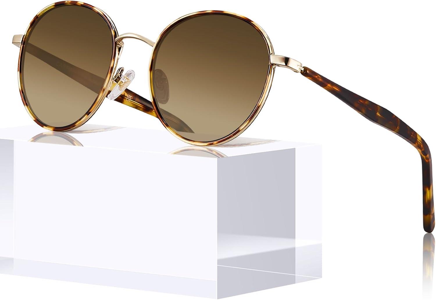 image:imageCARFIA Retro Round Polarized Sunglasses for Women UV Protection Acetate Arms Metal Frame Driving GlassesC Brown Tortoise Frame Brown Gradient Lens