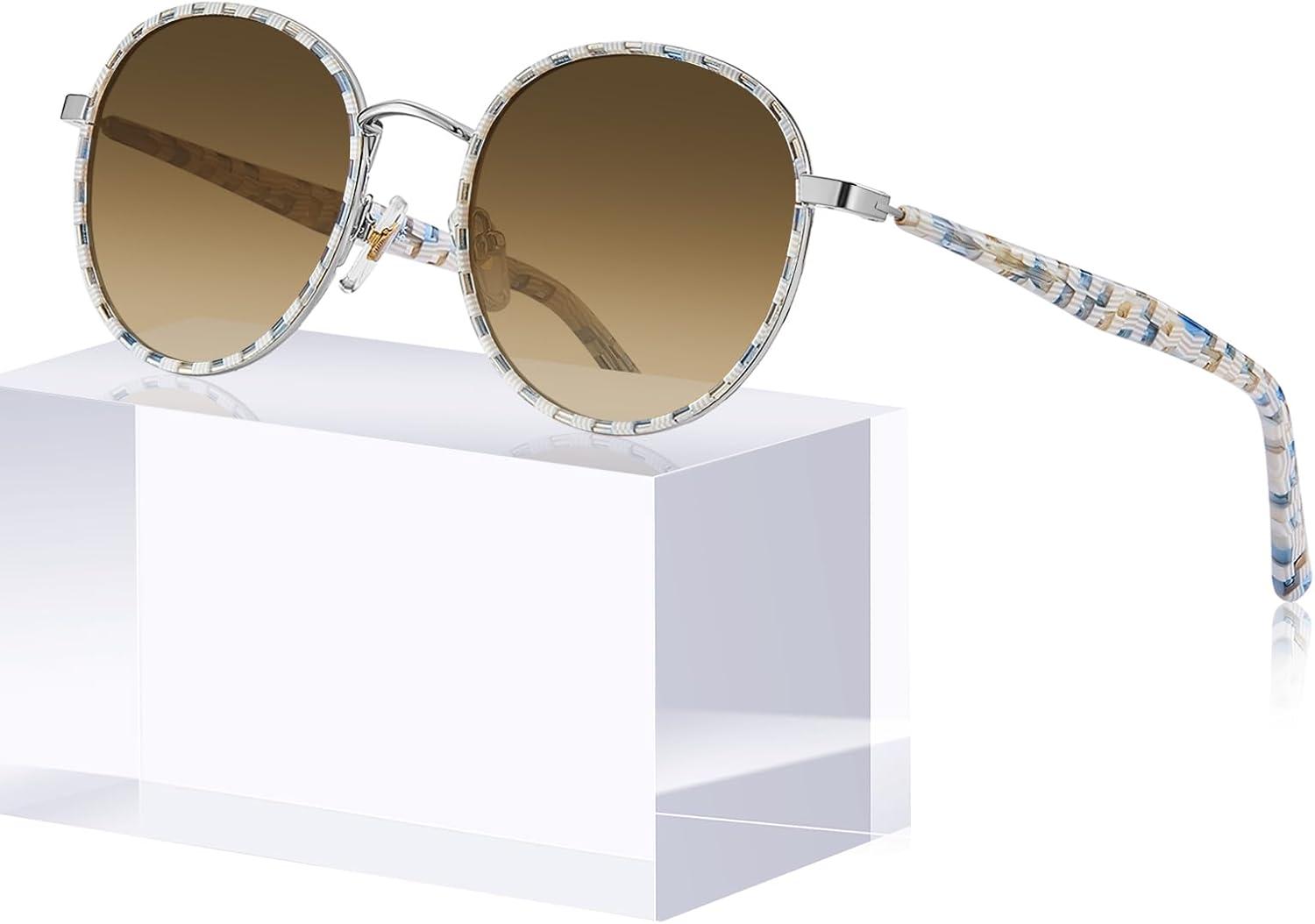 image:imageCARFIA Retro Round Polarized Sunglasses for Women UV Protection Acetate Arms Metal Frame Driving GlassesCheckered Frame Brown Gradient Lens