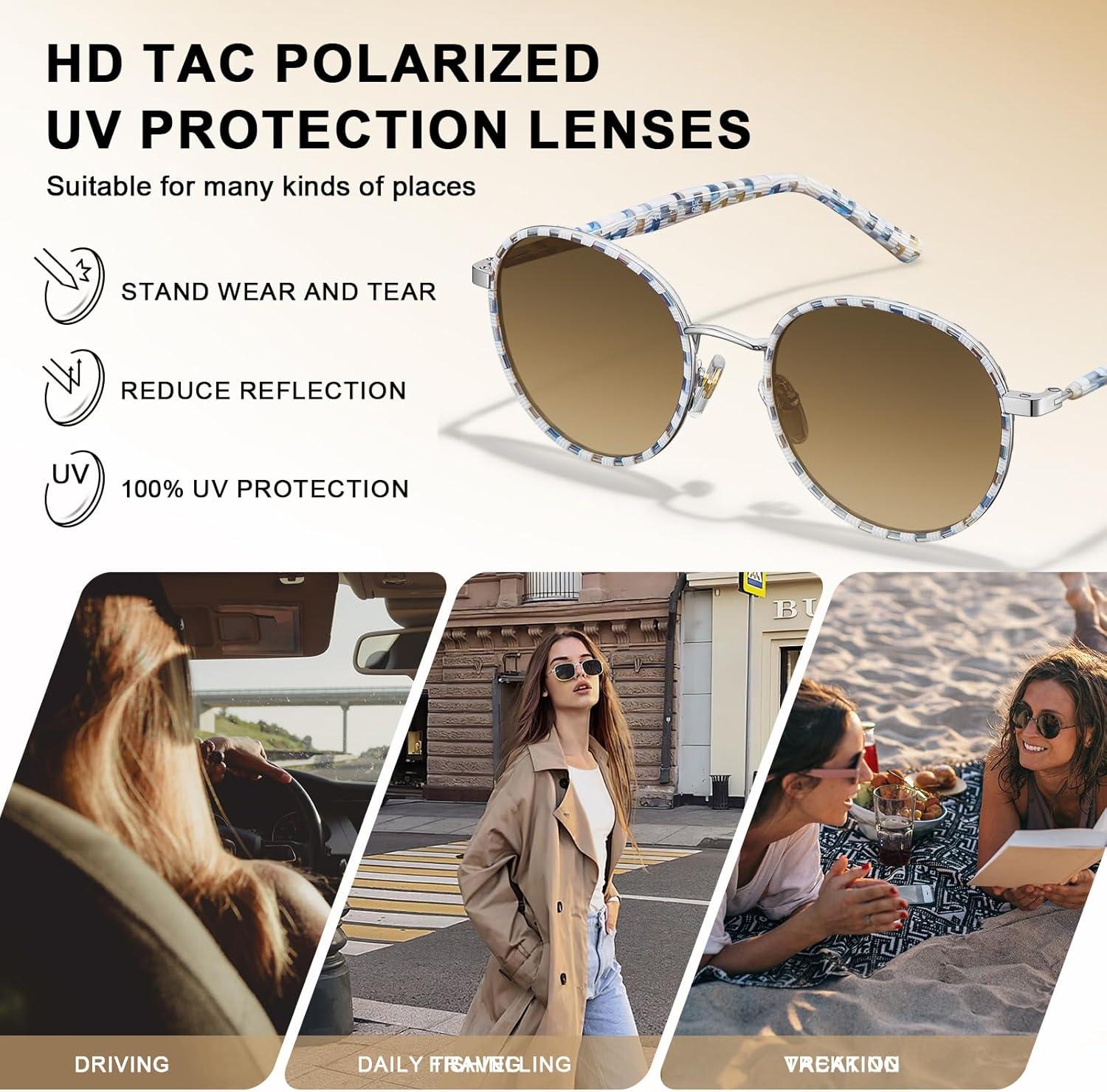 image:imageCARFIA Retro Round Polarized Sunglasses for Women UV Protection Acetate Arms Metal Frame Driving GlassesCheckered Frame Brown Gradient Lens