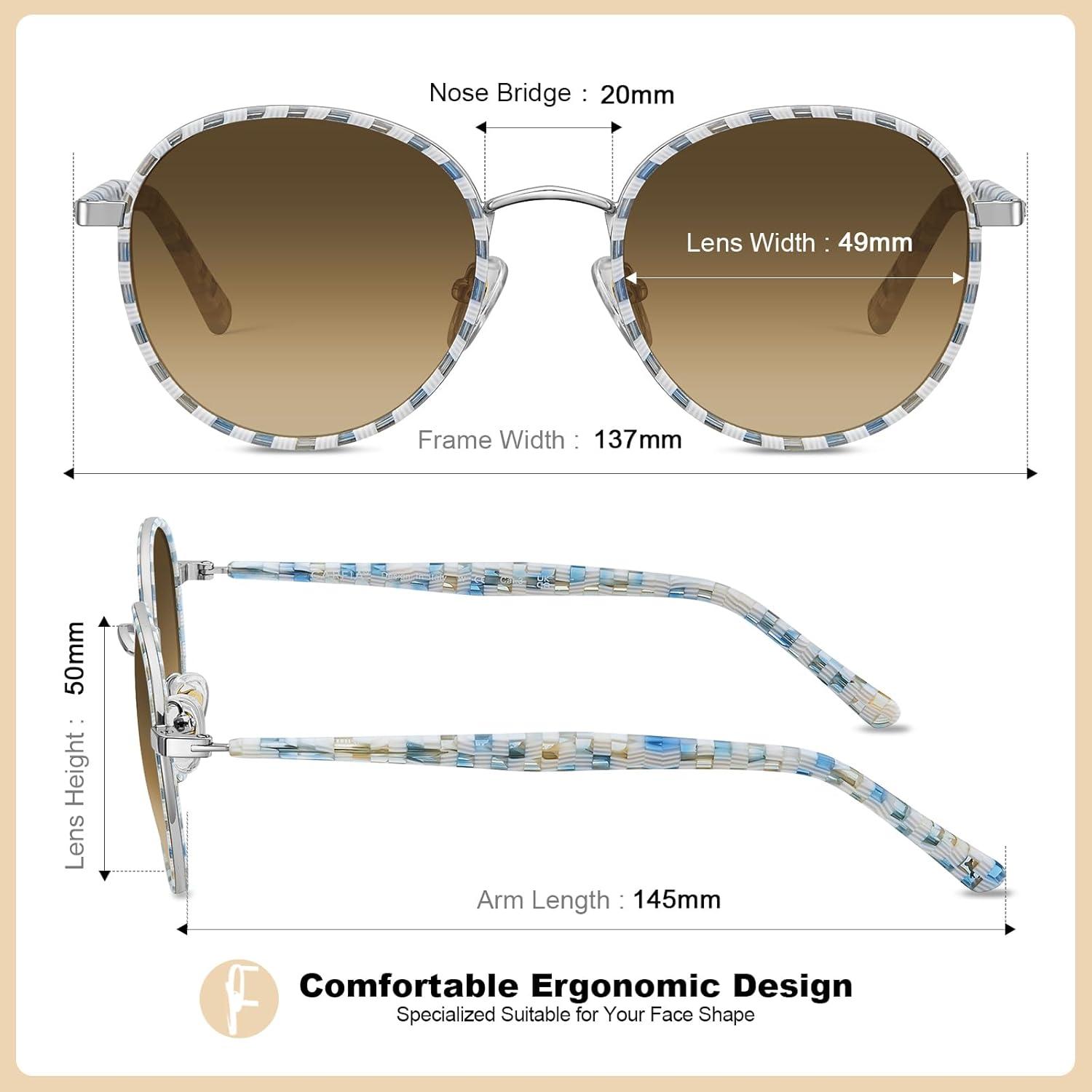 image:imageCARFIA Retro Round Polarized Sunglasses for Women UV Protection Acetate Arms Metal Frame Driving GlassesCheckered Frame Brown Gradient Lens