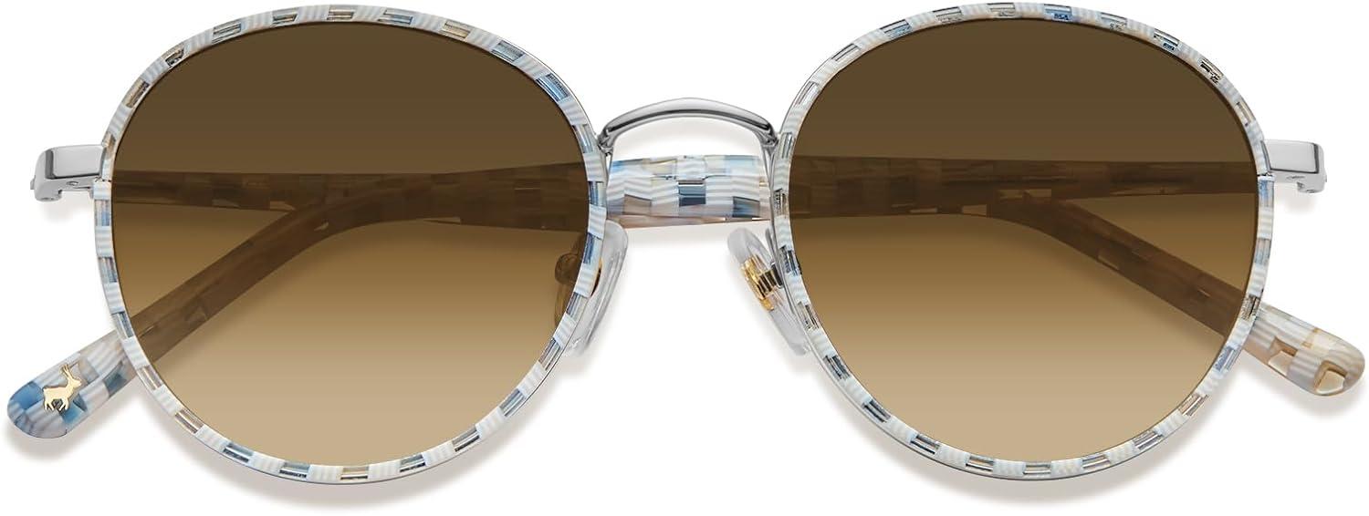 image:imageCARFIA Retro Round Polarized Sunglasses for Women UV Protection Acetate Arms Metal Frame Driving GlassesCheckered Frame Brown Gradient Lens