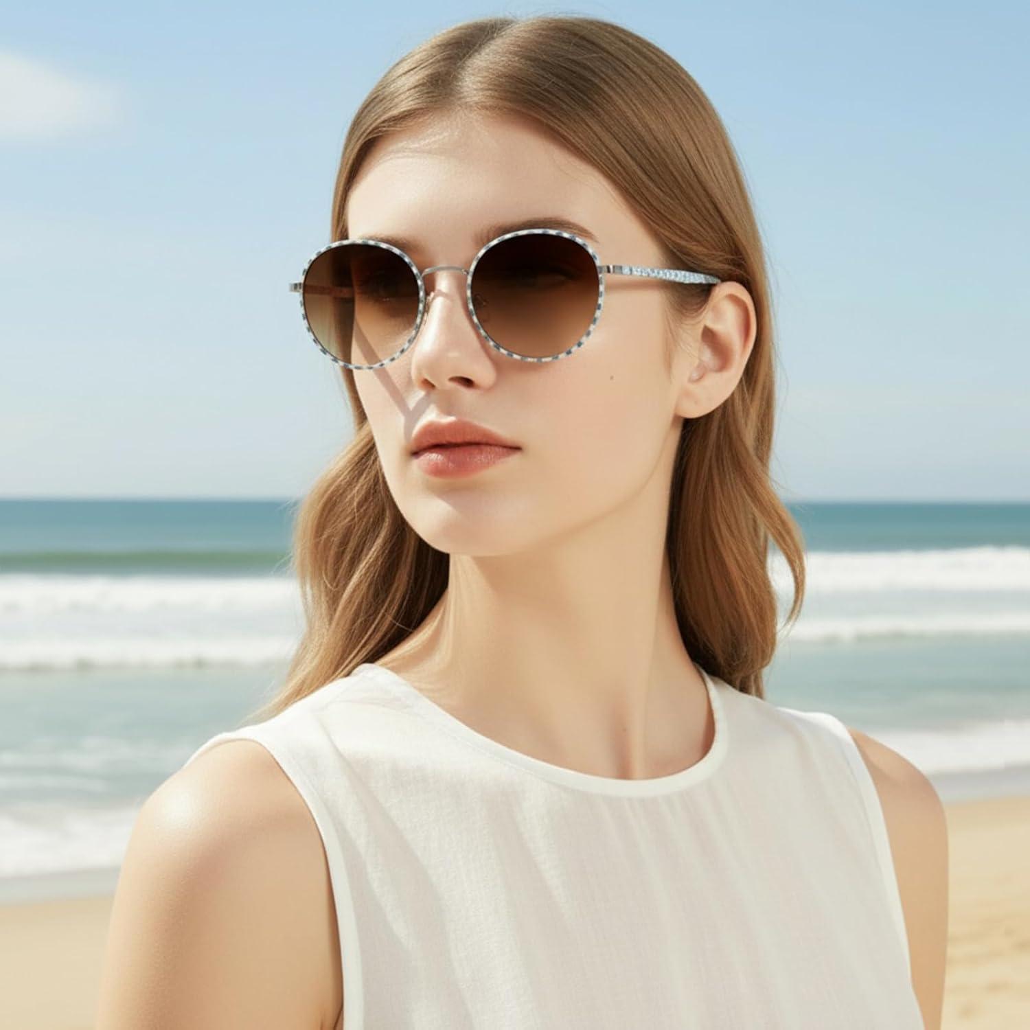 image:imageCARFIA Retro Round Polarized Sunglasses for Women UV Protection Acetate Arms Metal Frame Driving GlassesCheckered Frame Brown Gradient Lens