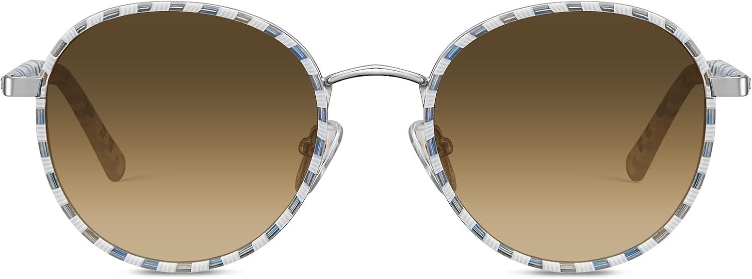 image:imageCARFIA Retro Round Polarized Sunglasses for Women UV Protection Acetate Arms Metal Frame Driving GlassesCheckered Frame Brown Gradient Lens