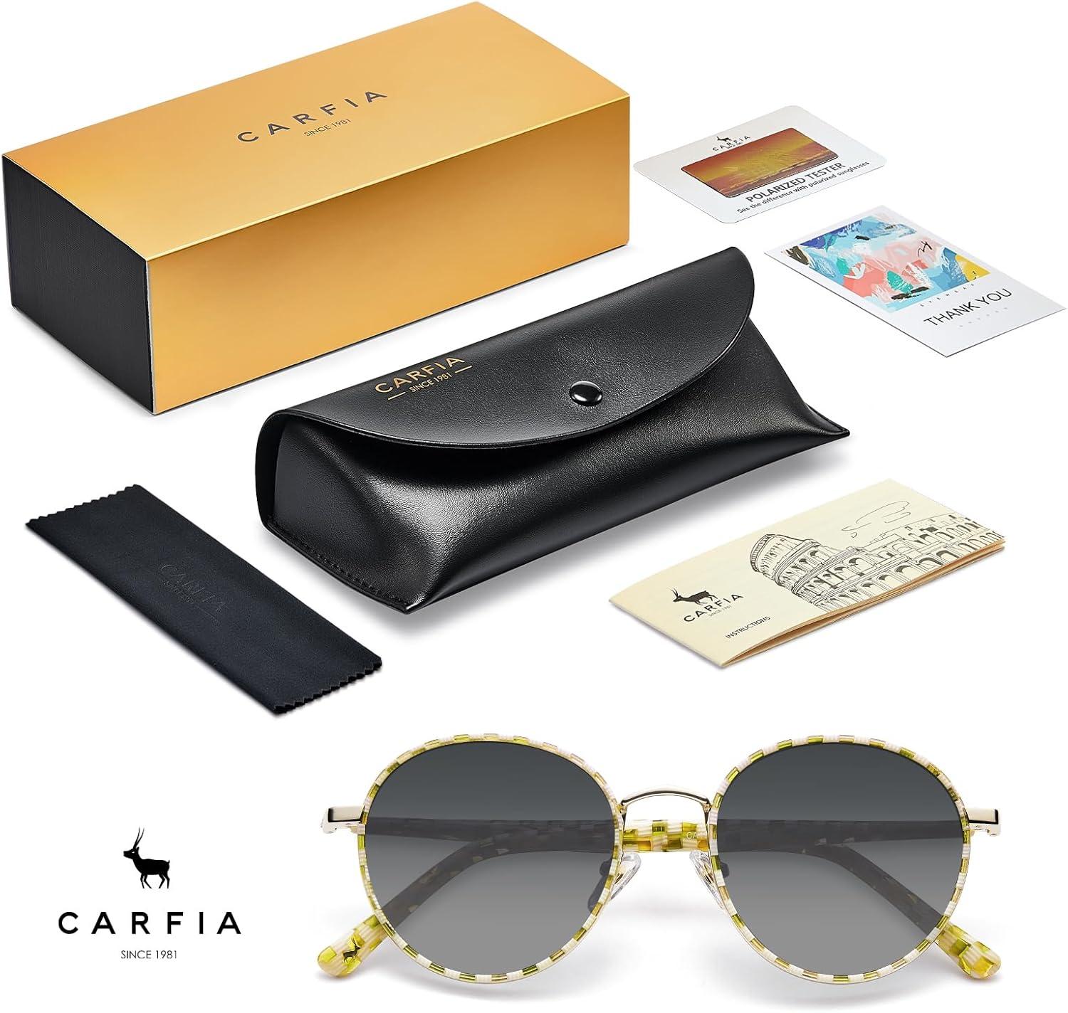 image:imageCARFIA Retro Round Polarized Sunglasses for Women UV Protection Acetate Arms Metal Frame Driving GlassesD Checkered Frame Grey Gradient Lens