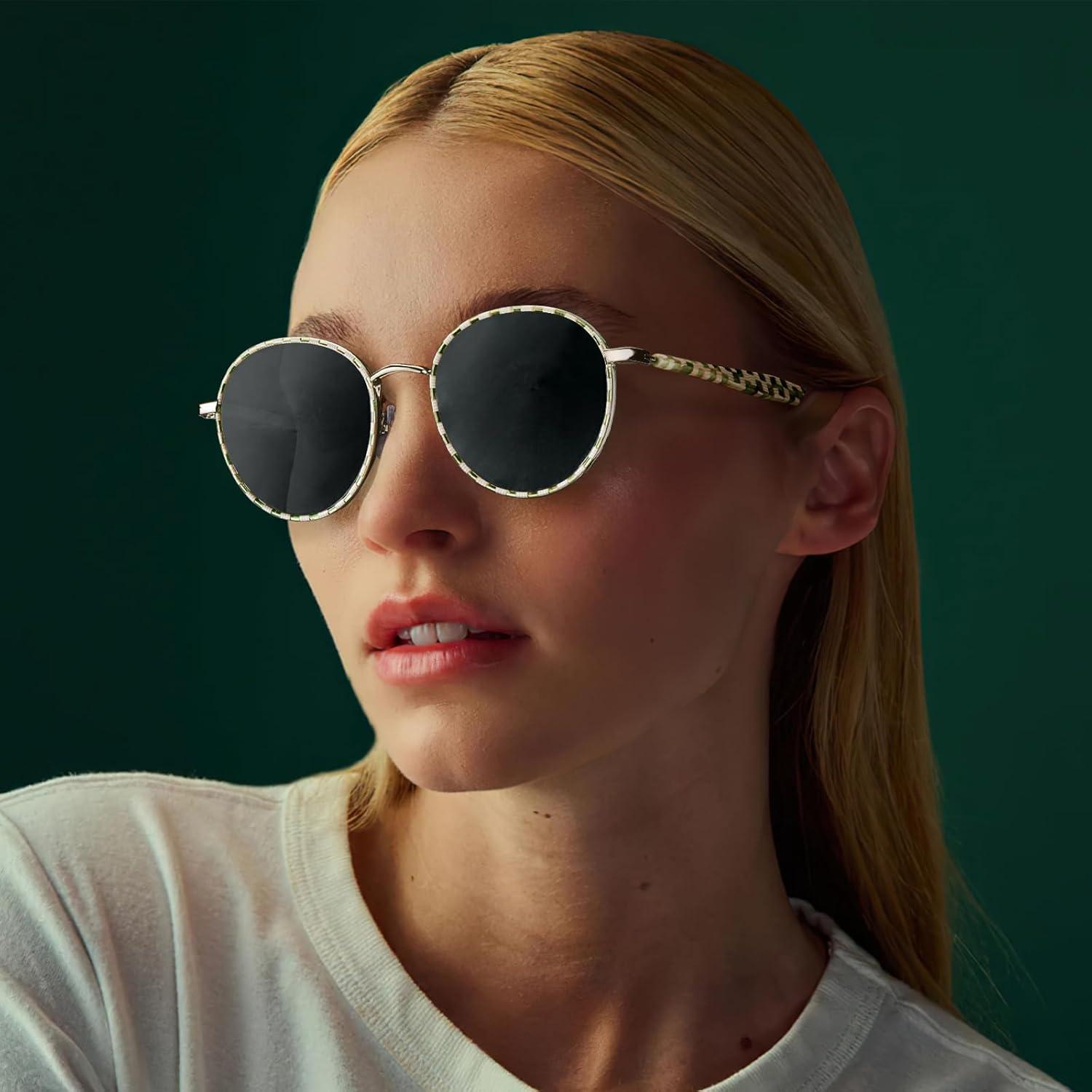 image:imageCARFIA Retro Round Polarized Sunglasses for Women UV Protection Acetate Arms Metal Frame Driving GlassesD Checkered Frame Grey Gradient Lens