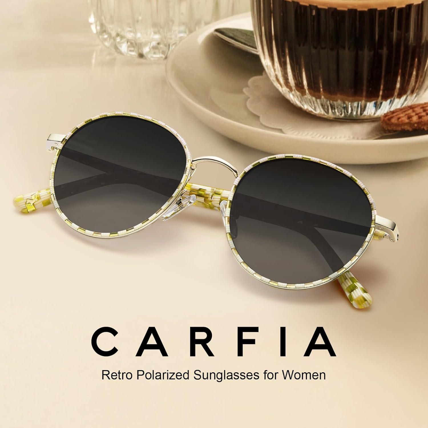 image:imageCARFIA Retro Round Polarized Sunglasses for Women UV Protection Acetate Arms Metal Frame Driving GlassesD Checkered Frame Grey Gradient Lens