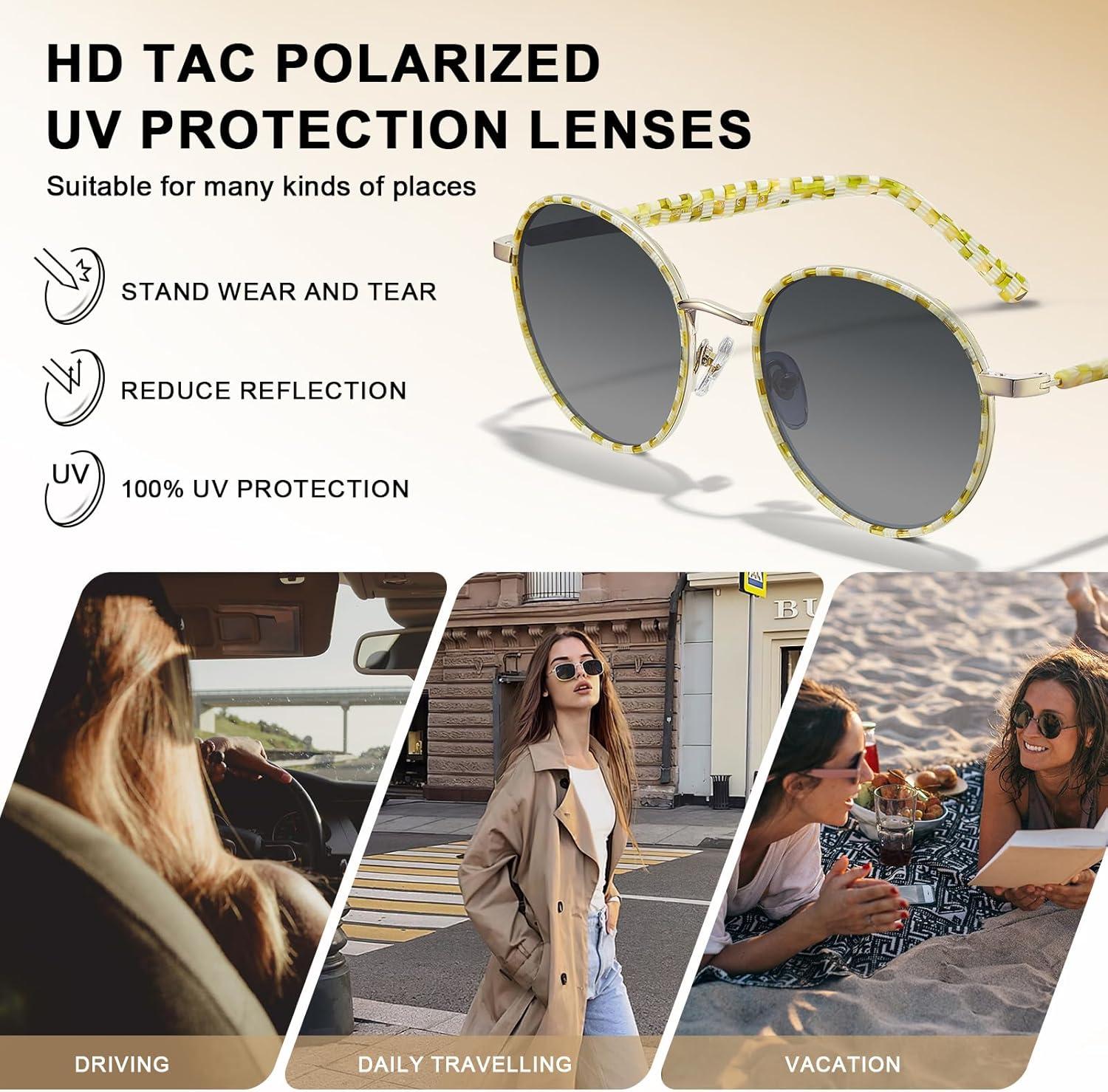image:imageCARFIA Retro Round Polarized Sunglasses for Women UV Protection Acetate Arms Metal Frame Driving GlassesD Checkered Frame Grey Gradient Lens