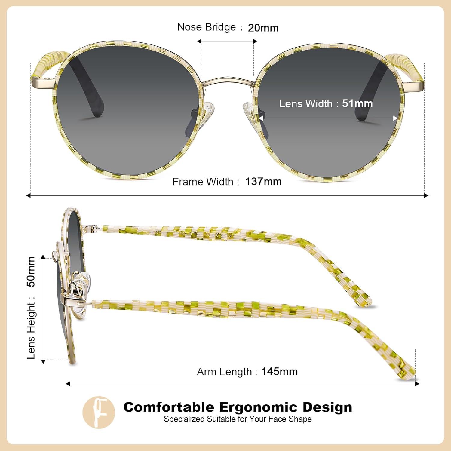image:imageCARFIA Retro Round Polarized Sunglasses for Women UV Protection Acetate Arms Metal Frame Driving GlassesD Checkered Frame Grey Gradient Lens