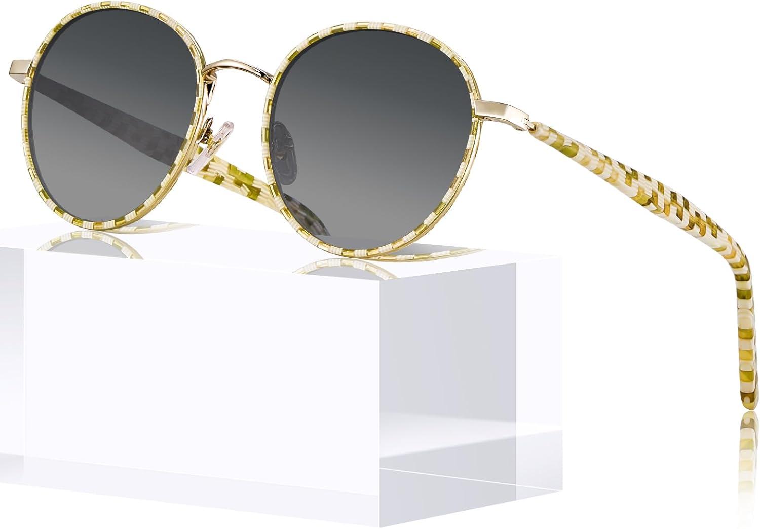 image:imageCARFIA Retro Round Polarized Sunglasses for Women UV Protection Acetate Arms Metal Frame Driving GlassesD Checkered Frame Grey Gradient Lens