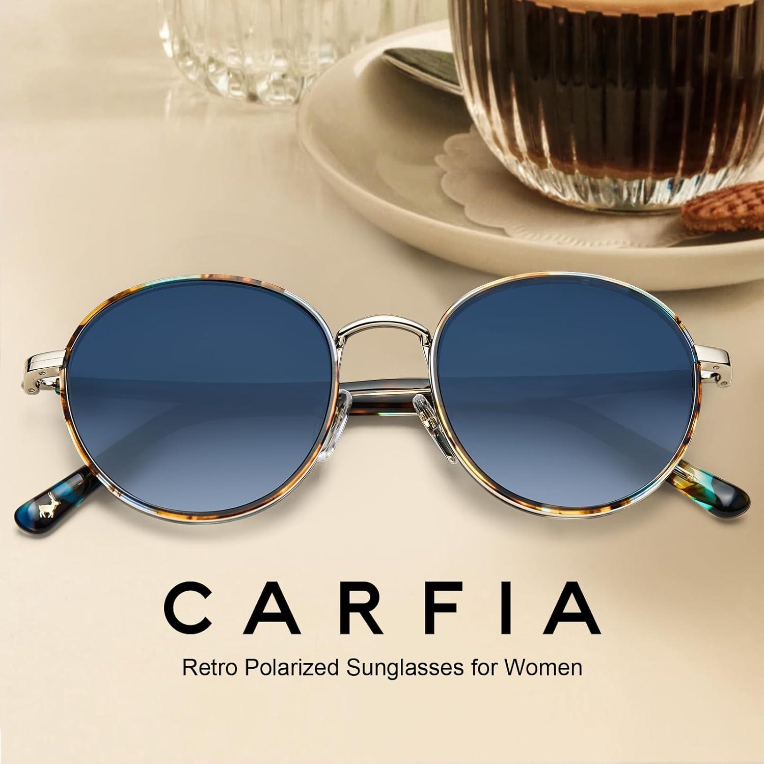 image:imageCARFIA Retro Round Polarized Sunglasses for Women UV Protection Acetate Arms Metal Frame Driving GlassesF Blue Tortoise Frame Blue Gradient Lens