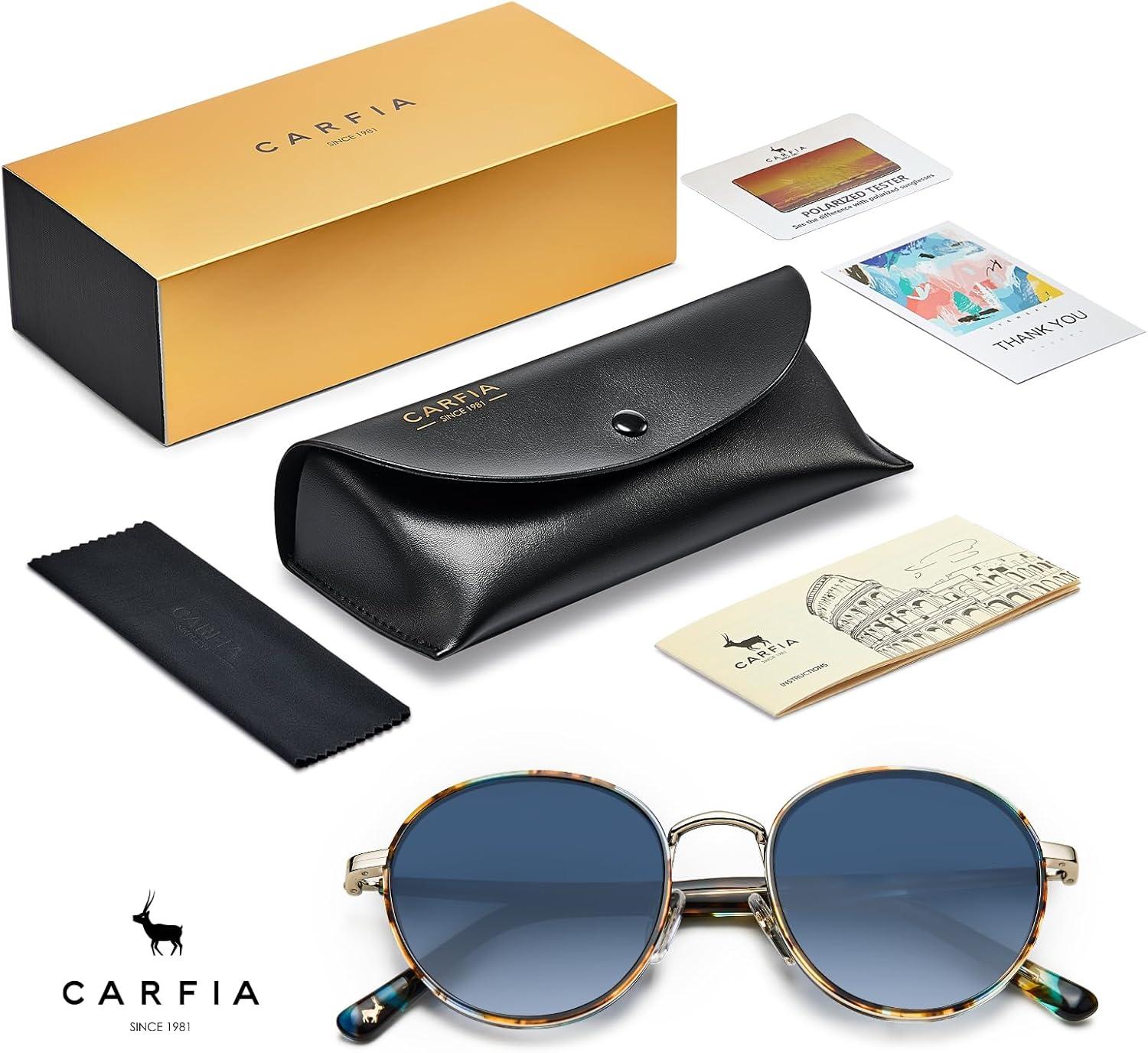 image:imageCARFIA Retro Round Polarized Sunglasses for Women UV Protection Acetate Arms Metal Frame Driving GlassesF Blue Tortoise Frame Blue Gradient Lens
