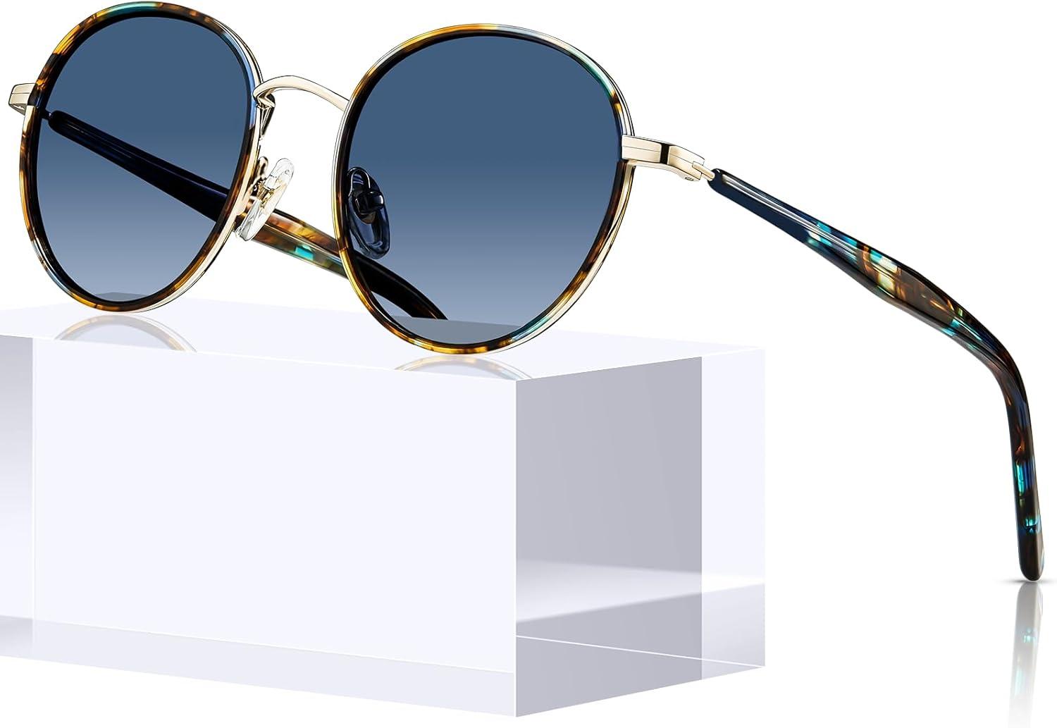 image:imageCARFIA Retro Round Polarized Sunglasses for Women UV Protection Acetate Arms Metal Frame Driving GlassesF Blue Tortoise Frame Blue Gradient Lens