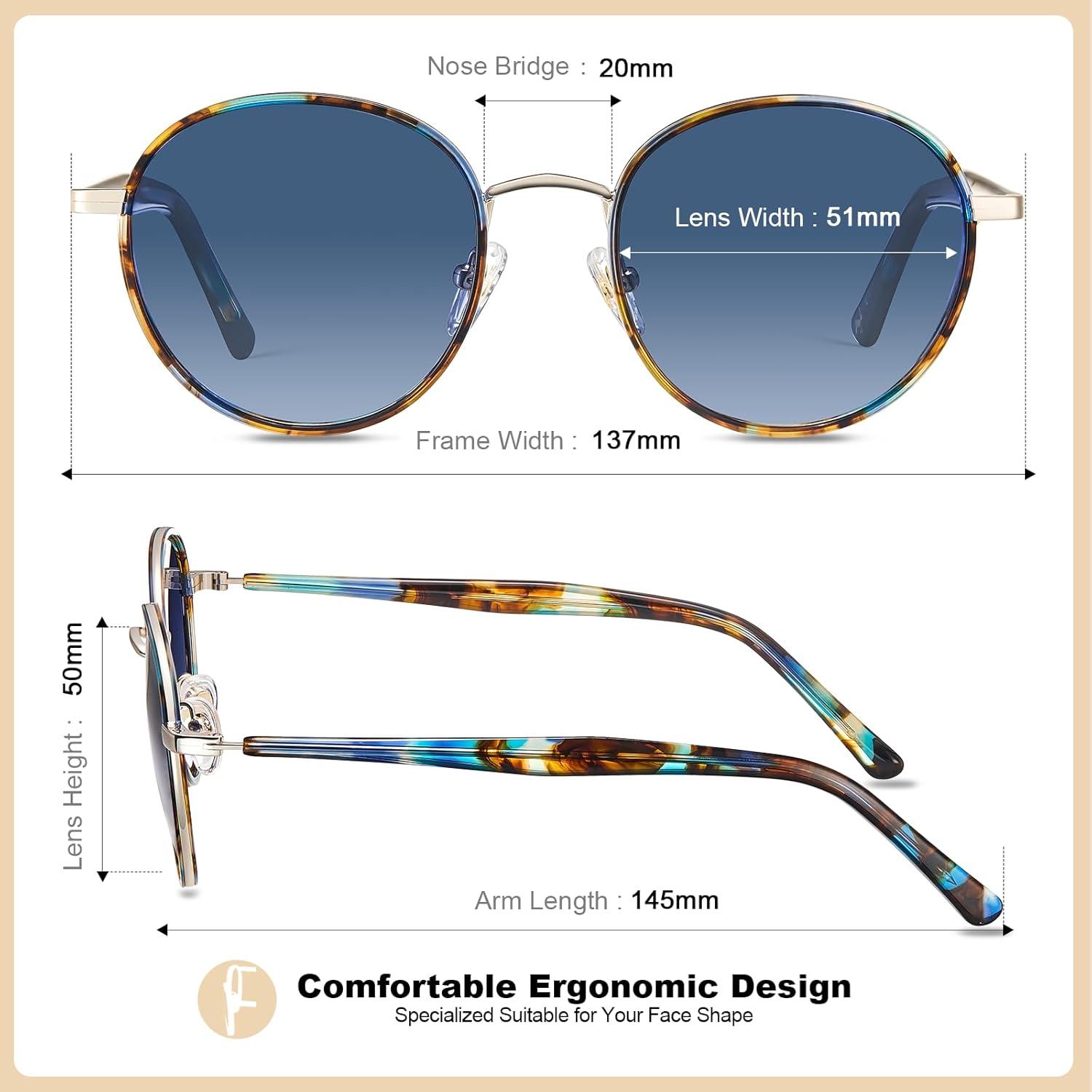 image:imageCARFIA Retro Round Polarized Sunglasses for Women UV Protection Acetate Arms Metal Frame Driving GlassesF Blue Tortoise Frame Blue Gradient Lens