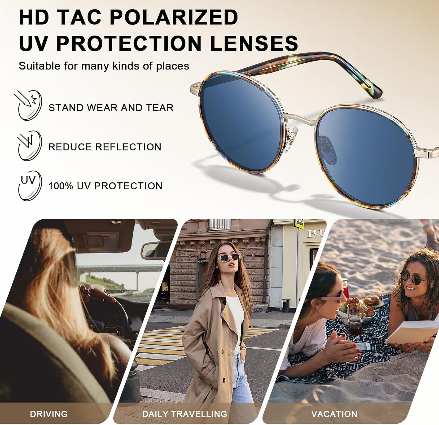 image:imageCARFIA Retro Round Polarized Sunglasses for Women UV Protection Acetate Arms Metal Frame Driving GlassesF Blue Tortoise Frame Blue Gradient Lens