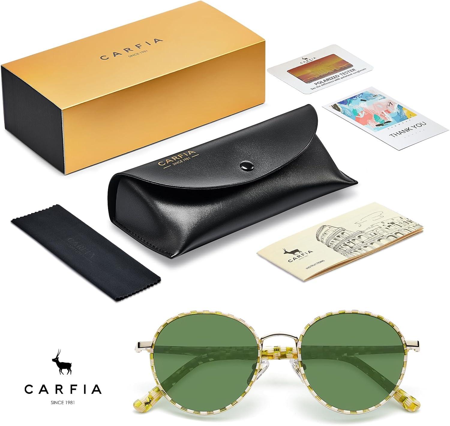 image:imageCARFIA Retro Round Polarized Sunglasses for Women UV Protection Acetate Arms Metal Frame Driving GlassesG Cream White Checkered Frame Green Lens