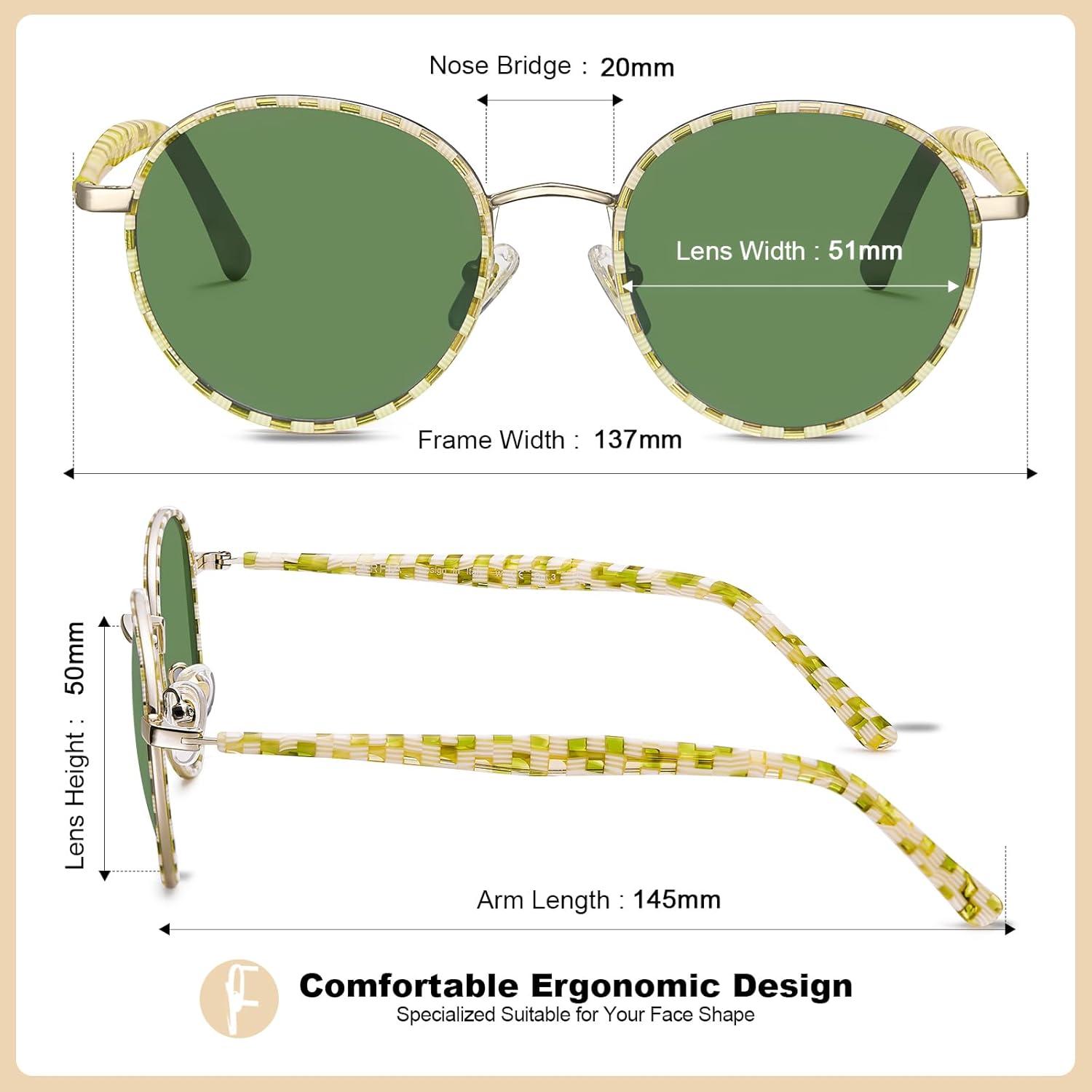 image:imageCARFIA Retro Round Polarized Sunglasses for Women UV Protection Acetate Arms Metal Frame Driving GlassesG Cream White Checkered Frame Green Lens
