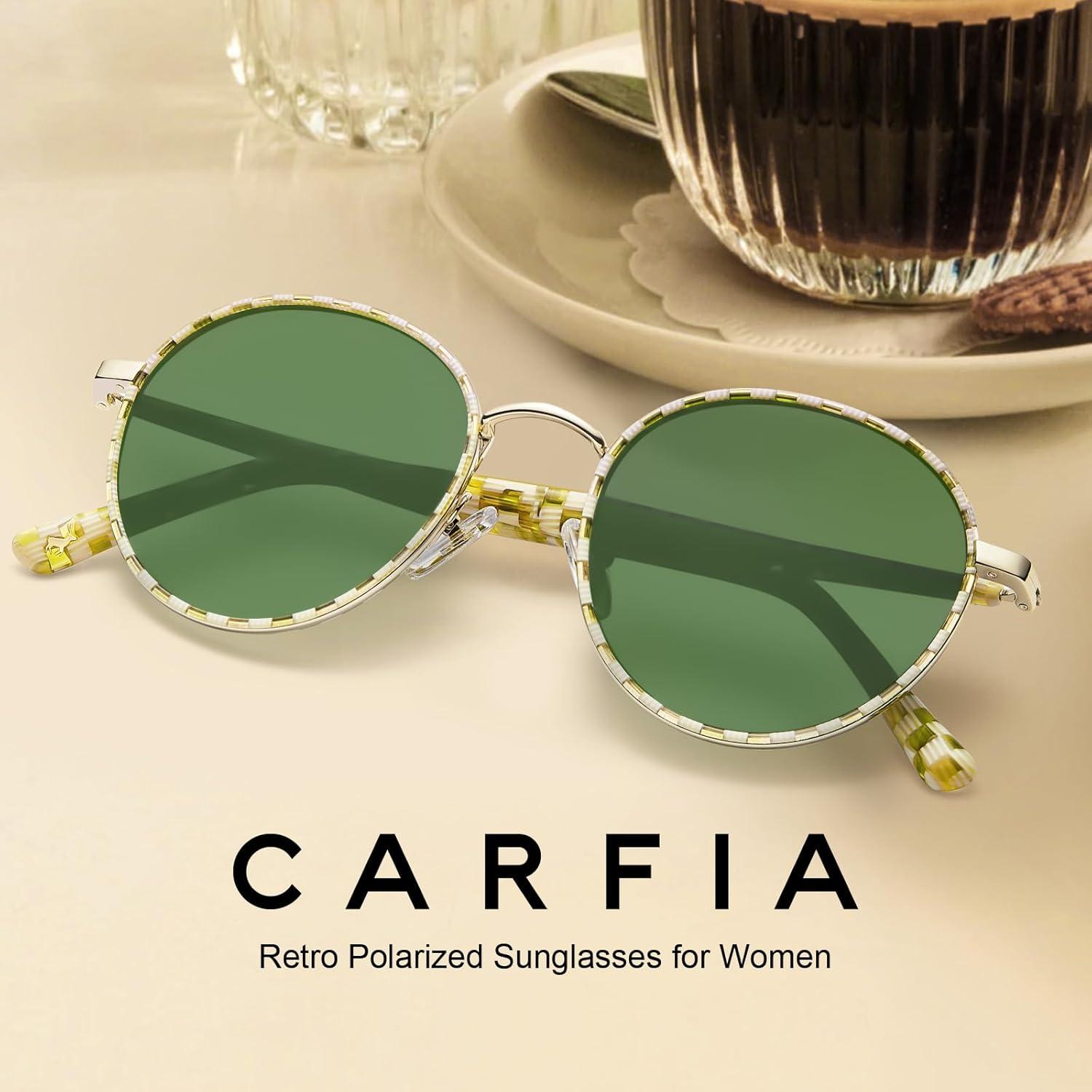 image:imageCARFIA Retro Round Polarized Sunglasses for Women UV Protection Acetate Arms Metal Frame Driving GlassesG Cream White Checkered Frame Green Lens