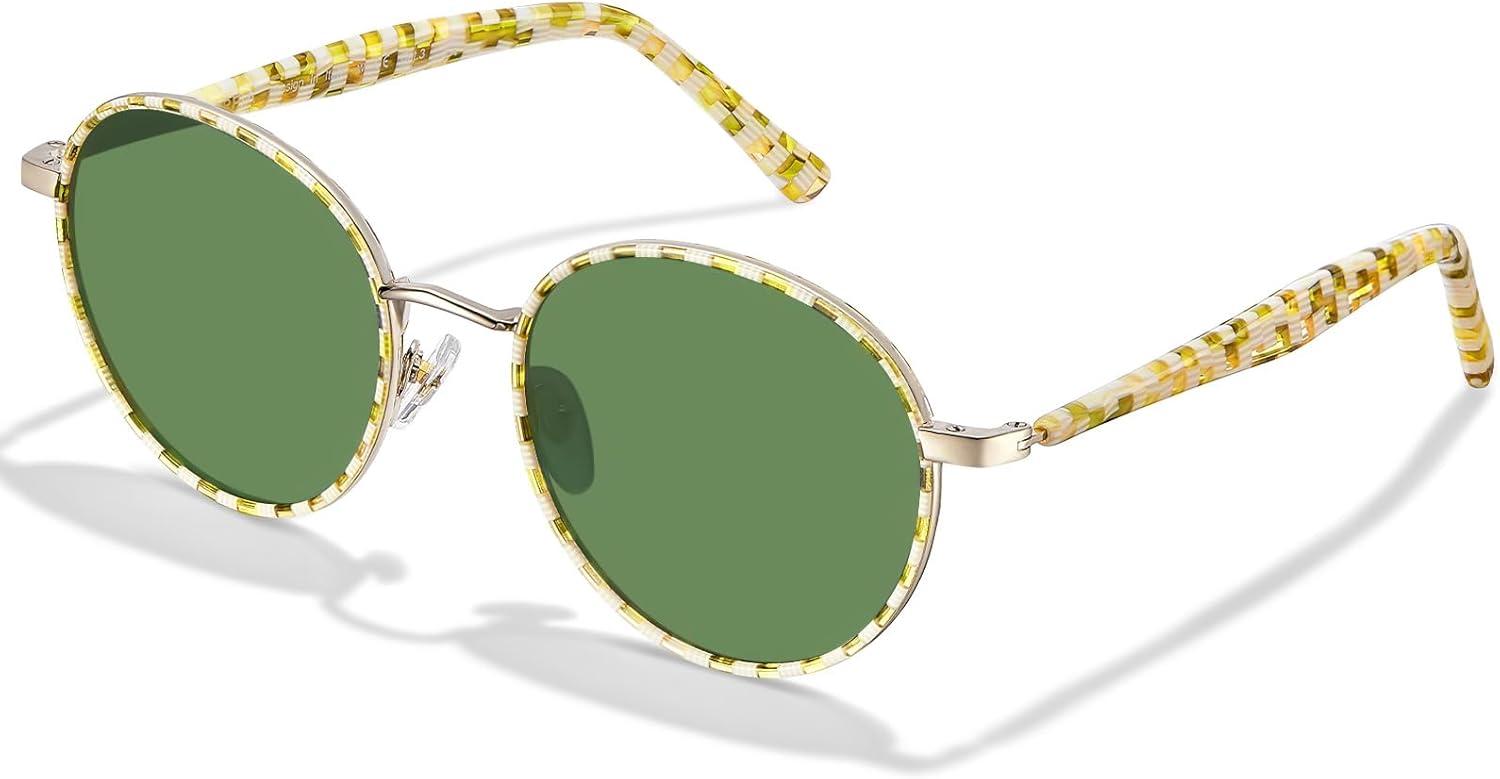 image:imageCARFIA Retro Round Polarized Sunglasses for Women UV Protection Acetate Arms Metal Frame Driving GlassesG Cream White Checkered Frame Green Lens