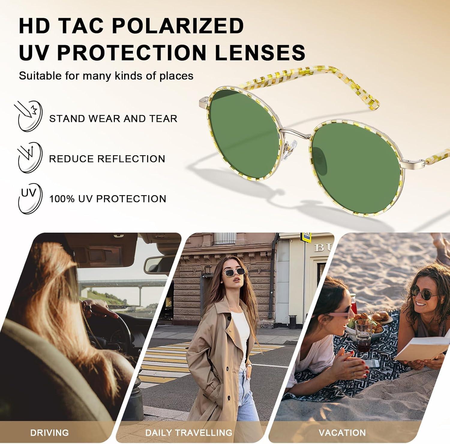 image:imageCARFIA Retro Round Polarized Sunglasses for Women UV Protection Acetate Arms Metal Frame Driving GlassesG Cream White Checkered Frame Green Lens