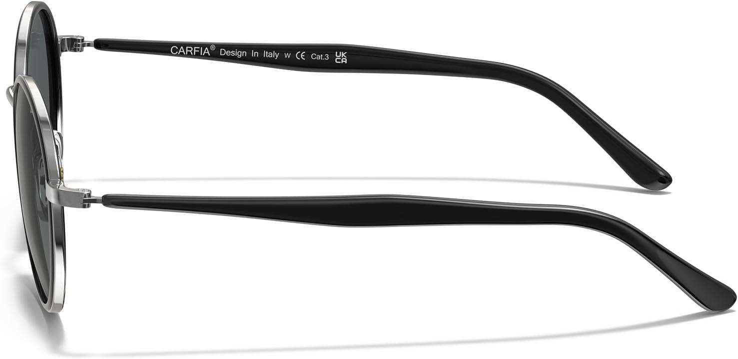 image:imageCARFIA Retro Round Polarized Sunglasses for Women UV Protection Acetate Arms Metal Frame Driving GlassesH Black Frame Grey Lens