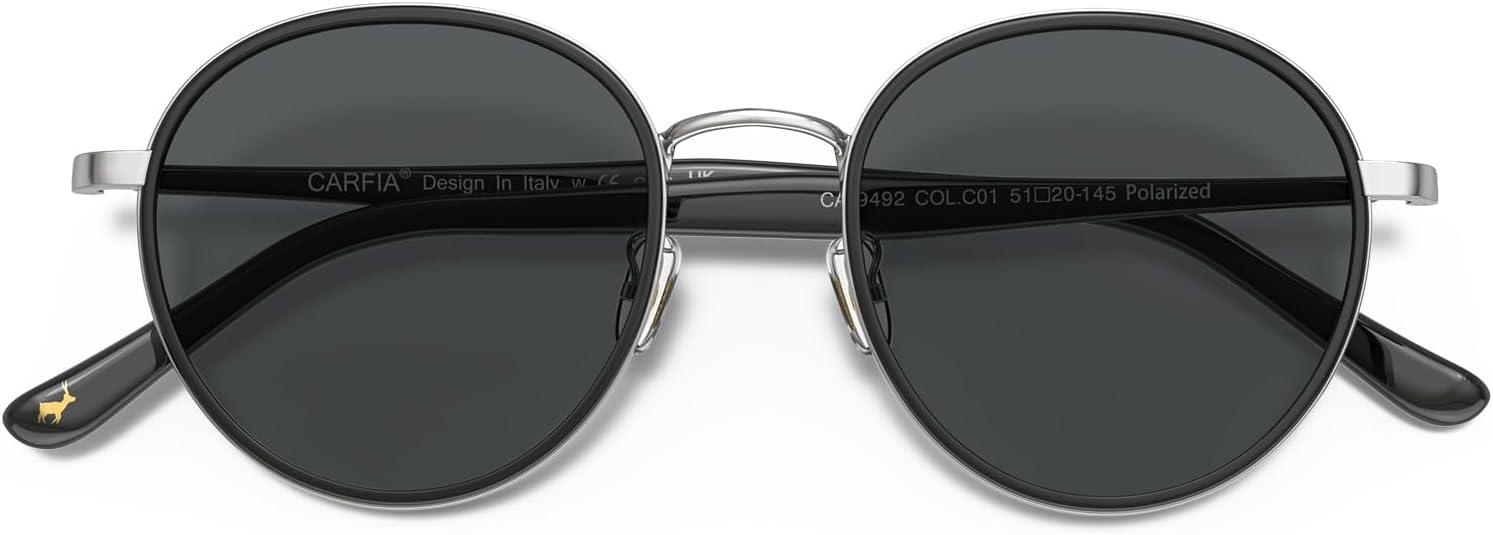 image:imageCARFIA Retro Round Polarized Sunglasses for Women UV Protection Acetate Arms Metal Frame Driving GlassesH Black Frame Grey Lens