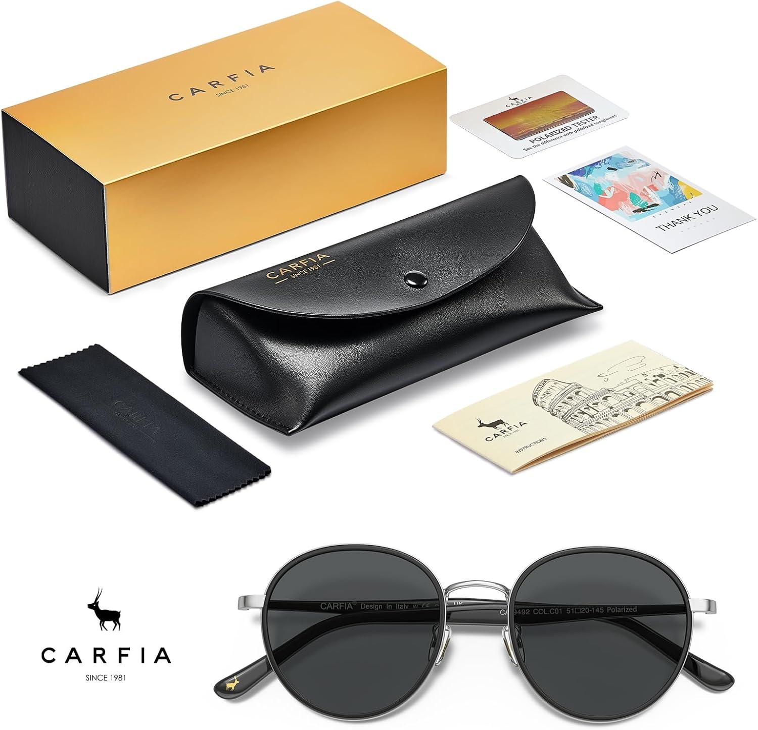 image:imageCARFIA Retro Round Polarized Sunglasses for Women UV Protection Acetate Arms Metal Frame Driving GlassesH Black Frame Grey Lens
