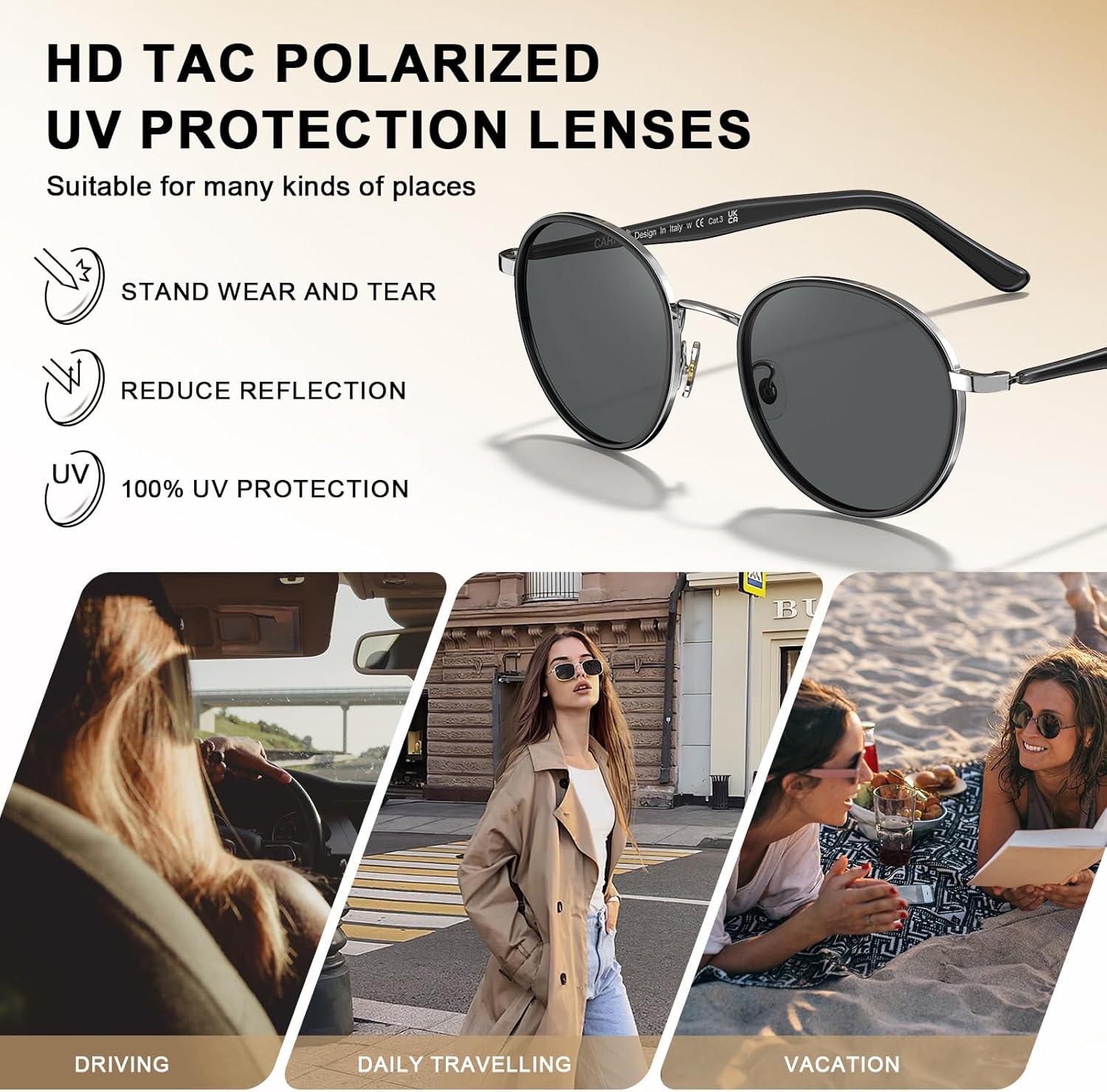 image:imageCARFIA Retro Round Polarized Sunglasses for Women UV Protection Acetate Arms Metal Frame Driving GlassesH Black Frame Grey Lens