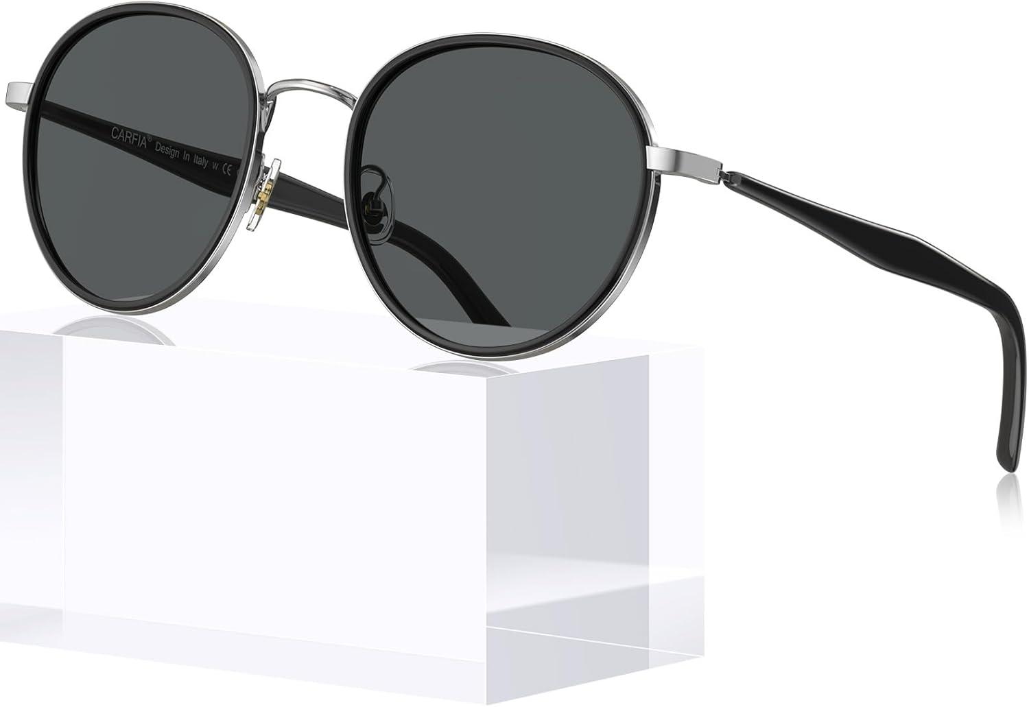 image:imageCARFIA Retro Round Polarized Sunglasses for Women UV Protection Acetate Arms Metal Frame Driving GlassesH Black Frame Grey Lens