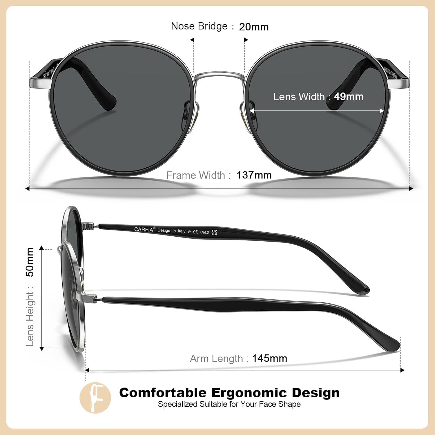 image:imageCARFIA Retro Round Polarized Sunglasses for Women UV Protection Acetate Arms Metal Frame Driving GlassesH Black Frame Grey Lens