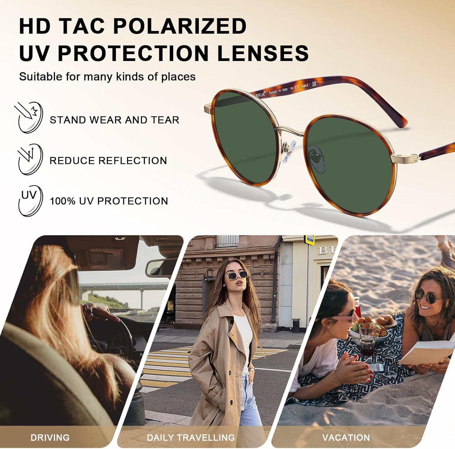 image:imageCARFIA Retro Round Polarized Sunglasses for Women UV Protection Acetate Arms Metal Frame Driving GlassesI Tortoise Frame Green Lens
