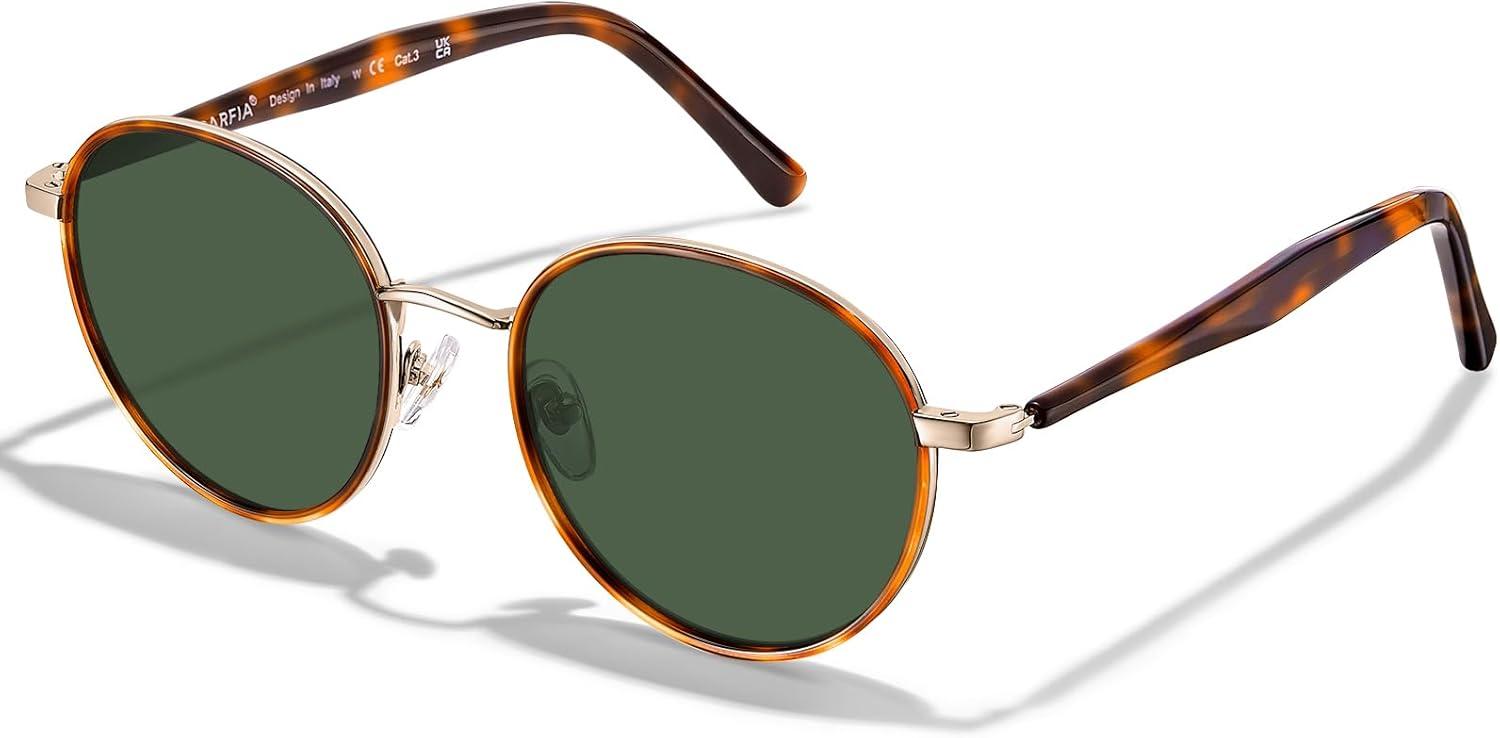 image:imageCARFIA Retro Round Polarized Sunglasses for Women UV Protection Acetate Arms Metal Frame Driving GlassesI Tortoise Frame Green Lens