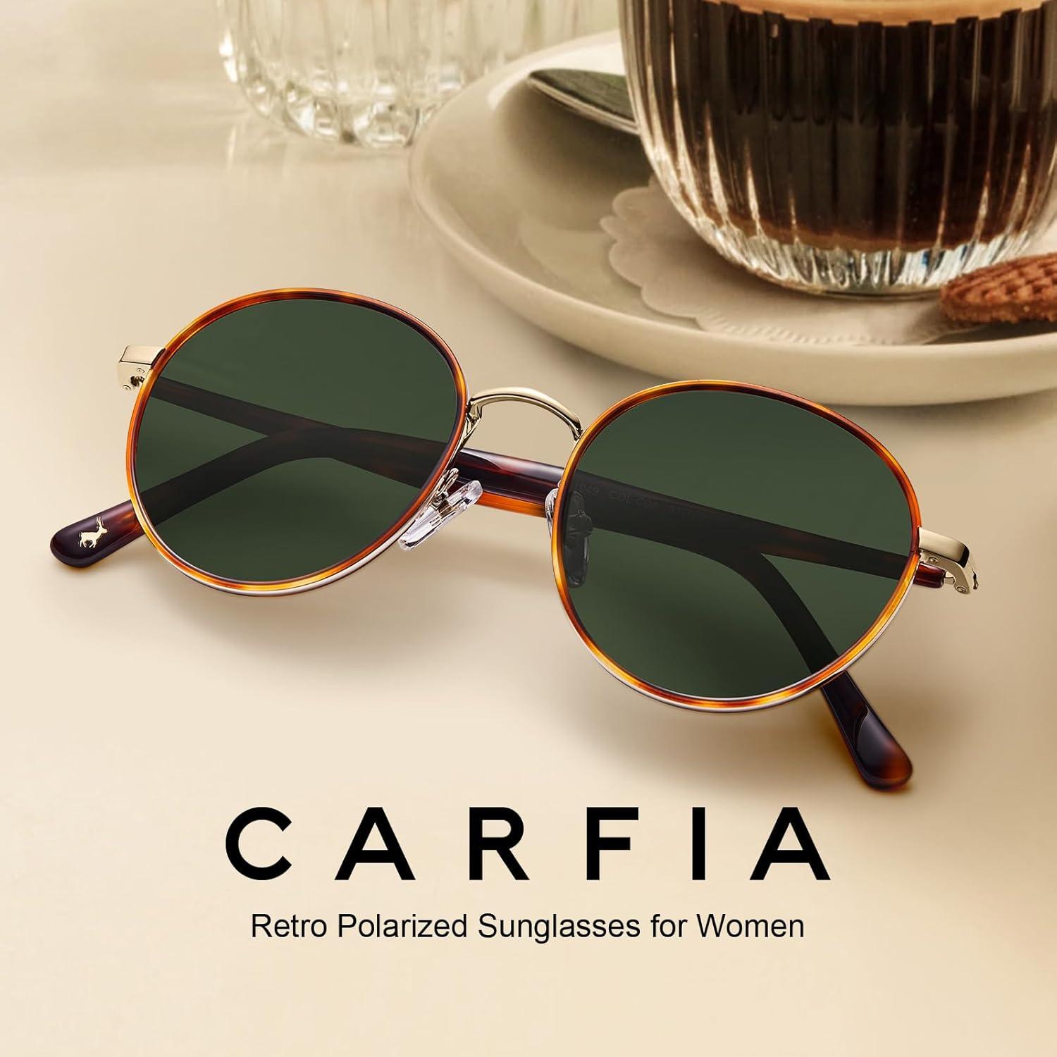 image:imageCARFIA Retro Round Polarized Sunglasses for Women UV Protection Acetate Arms Metal Frame Driving GlassesI Tortoise Frame Green Lens