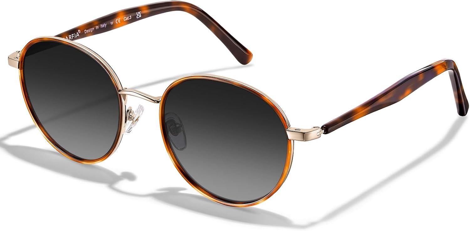 image:imageCARFIA Retro Round Polarized Sunglasses for Women UV Protection Acetate Arms Metal Frame Driving GlassesJ Tortoise Frame Grey Gradient Lens