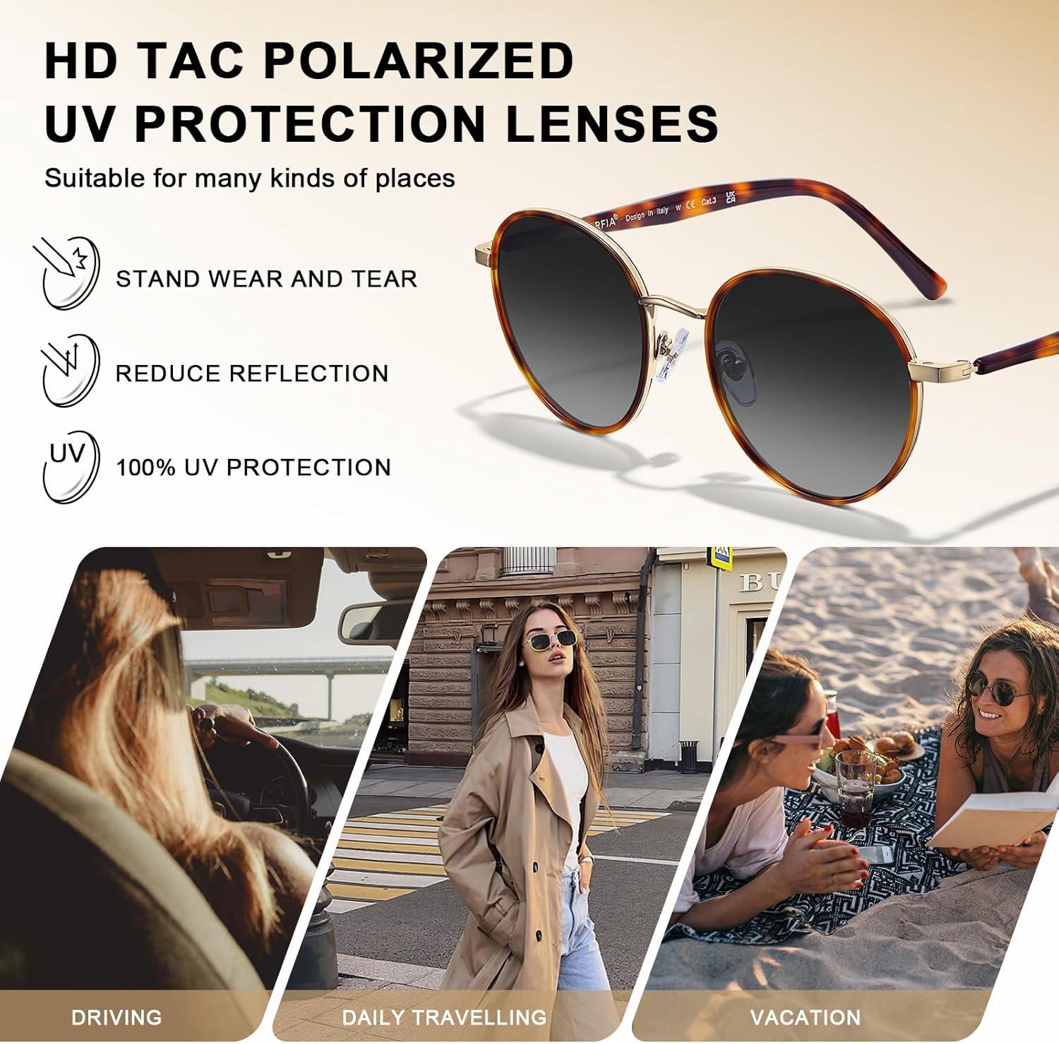 image:imageCARFIA Retro Round Polarized Sunglasses for Women UV Protection Acetate Arms Metal Frame Driving GlassesJ Tortoise Frame Grey Gradient Lens