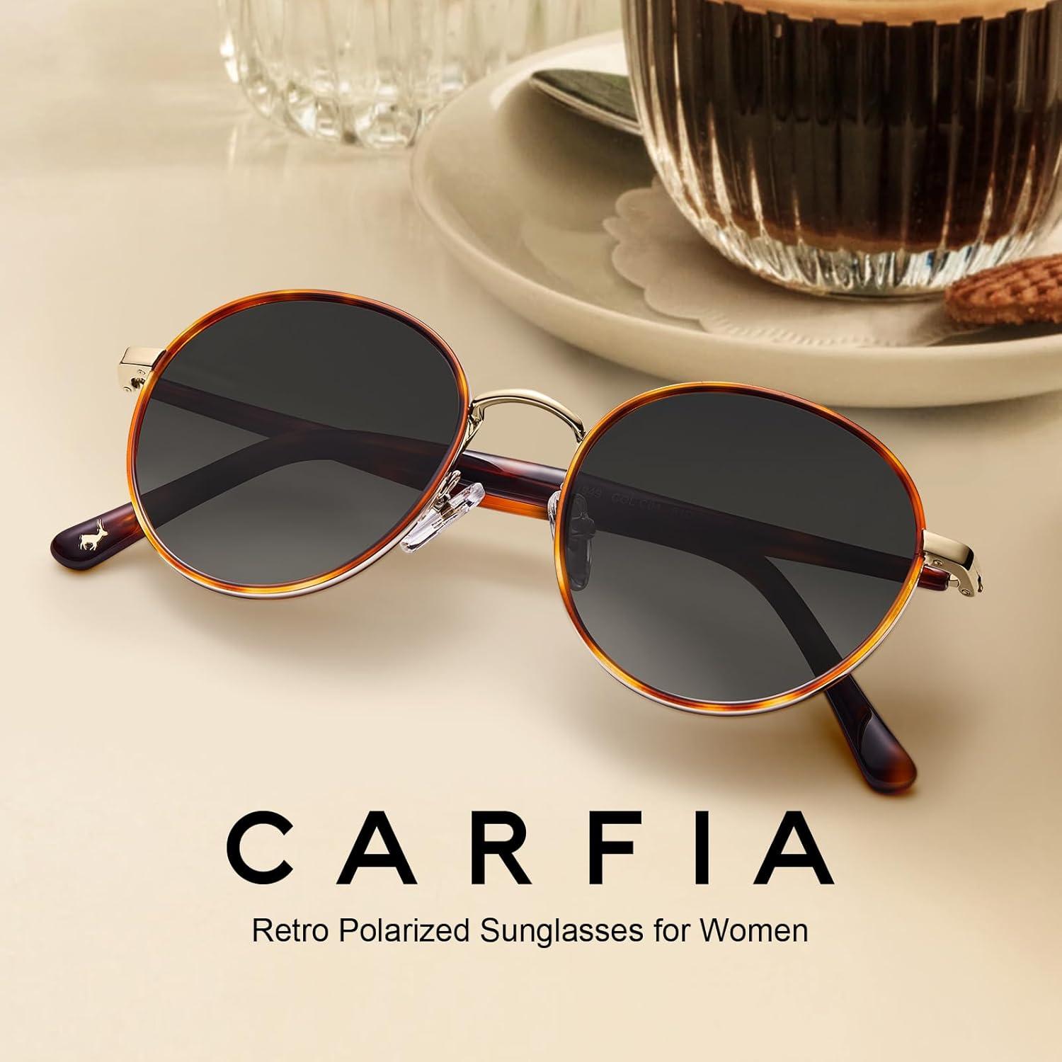 image:imageCARFIA Retro Round Polarized Sunglasses for Women UV Protection Acetate Arms Metal Frame Driving GlassesJ Tortoise Frame Grey Gradient Lens
