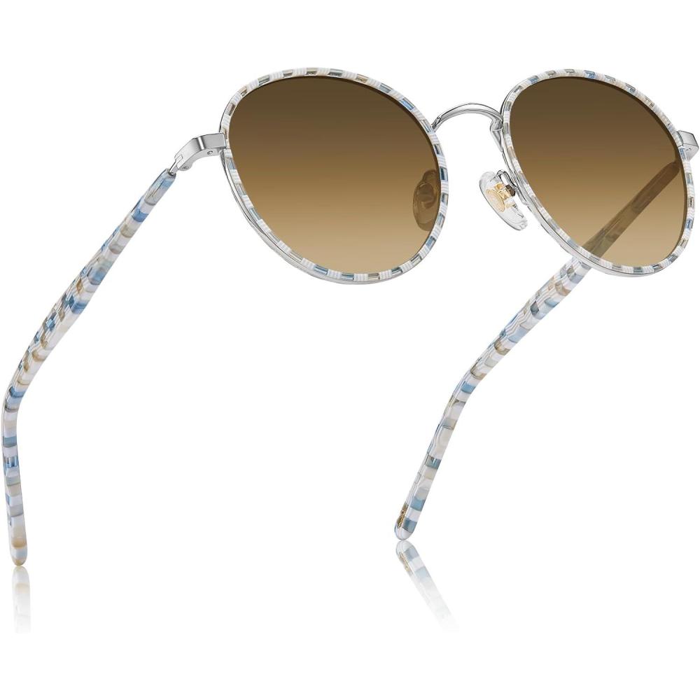 image:imageCARFIA Retro Round Polarized Sunglasses for Women UV Protection Acetate Arms Metal Frame Driving GlassesCheckered Frame Brown Gradient Lens