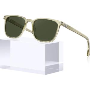 CARFIA Classic Polarized Sunglasses for Men UV400 Protection, Flexible Acetate Shades with Core Wire Design CA31238(D. Clear Tea Frame Green Lenses)