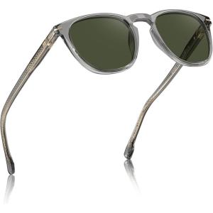 CARFIA Classic Retro Polarized Sunglasses for Men Anti-slip Temple Tail Elegant Gift-Ready Case CA31237(2-1. Bright Transparent Gray Frame Green Lenses)