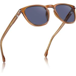 CARFIA Classic Retro Polarized Sunglasses for Men Anti-slip Temple Tail Elegant Gift-Ready Case CA31237(2-2. Bright Clear Tea Frame Blue Lenses)