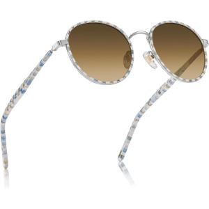 CARFIA Retro Round Polarized Sunglasses for Women UV Protection Acetate Arms Metal Frame Driving Glasses(Checkered Frame / Brown Gradient Lens)