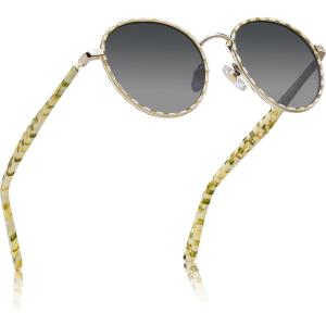 CARFIA Retro Round Polarized Sunglasses for Women UV Protection Acetate Arms Metal Frame Driving Glasses(D: Checkered Frame / Grey Gradient Lens)
