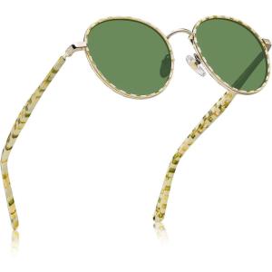 CARFIA Retro Round Polarized Sunglasses for Women UV Protection Acetate Arms Metal Frame Driving Glasses(G: Cream White Checkered Frame + Green Lens)