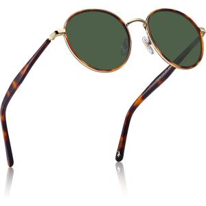 CARFIA Retro Round Polarized Sunglasses for Women UV Protection Acetate Arms Metal Frame Driving Glasses(I: Tortoise Frame / Green Lens)