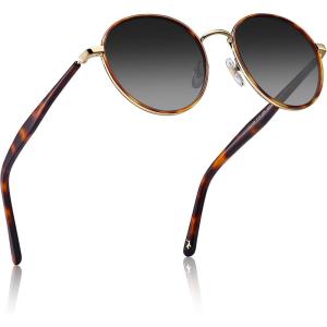 CARFIA Retro Round Polarized Sunglasses for Women UV Protection Acetate Arms Metal Frame Driving Glasses(J: Tortoise Frame / Grey Gradient Lens)