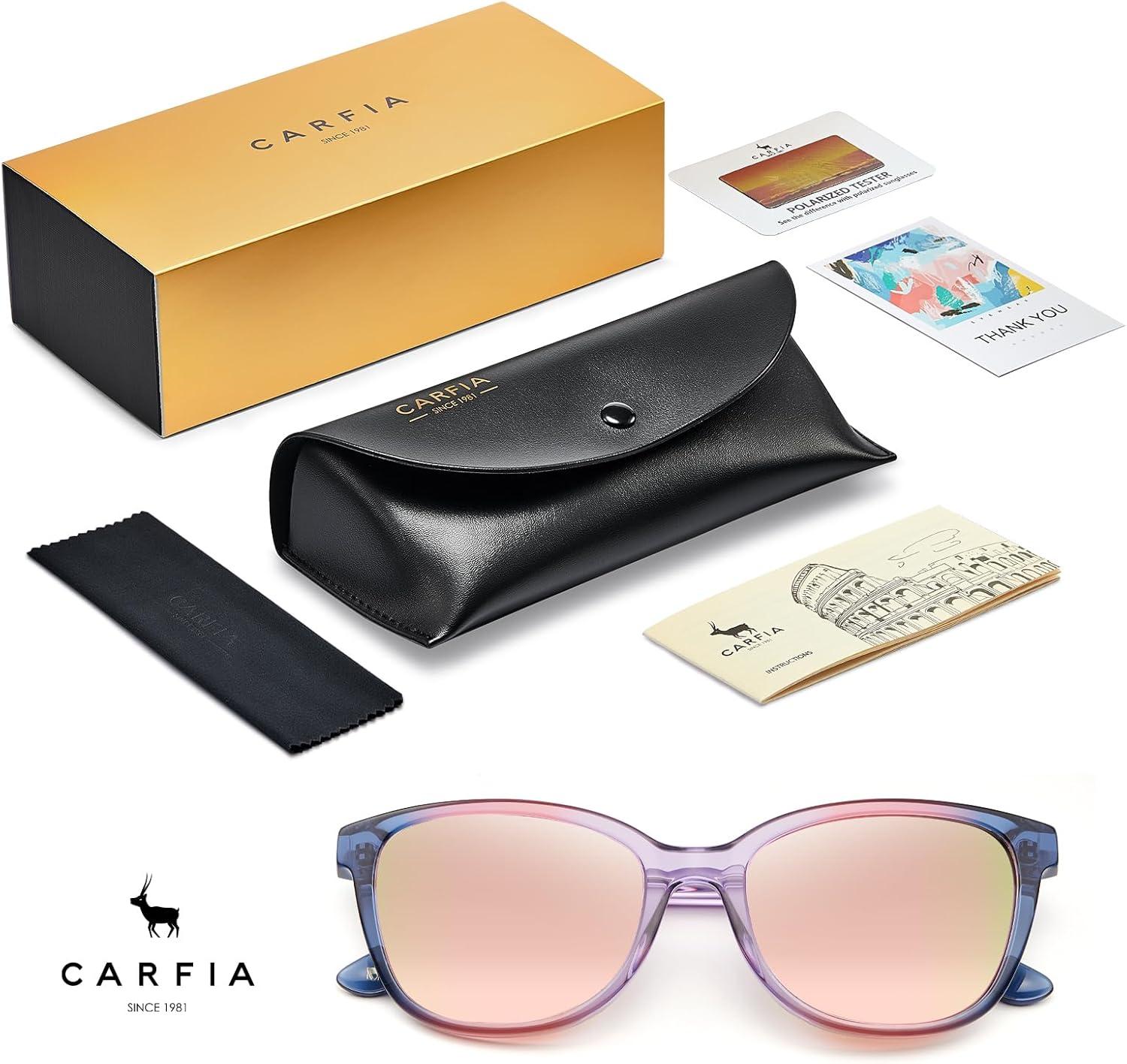 image:imageCARFIA Designer Acetate Womens Polarized Sunglasses Fit Most Face Shapes Trendy Shades UV Protection Hypoallergenic Handmade4 Bluepinkpurple Frame Pink Mirrored Lens