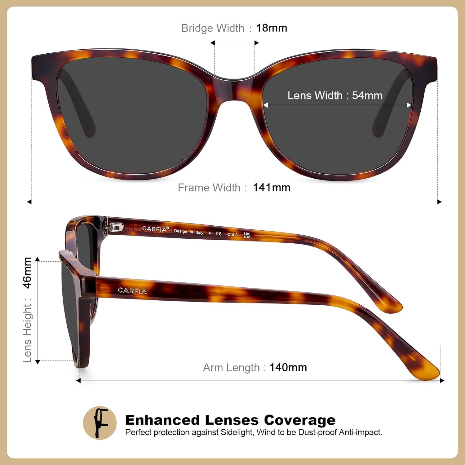 image:imageCARFIA Designer Acetate Womens Polarized Sunglasses Fit Most Face Shapes Trendy Shades UV Protection Hypoallergenic Handmade6 New Tortoise Frame Grey Lens