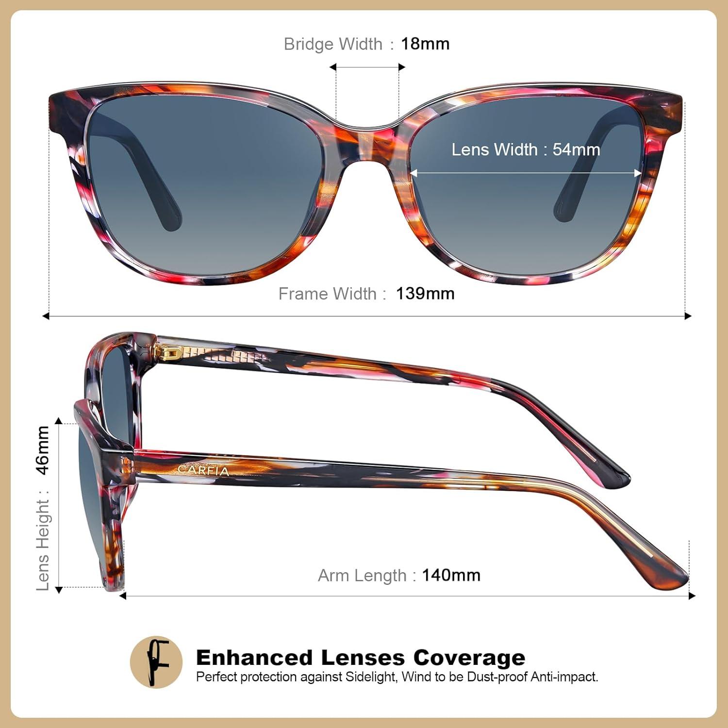 image:imageCARFIA Designer Acetate Womens Polarized Sunglasses Fit Most Face Shapes Trendy Shades UV Protection Hypoallergenic Handmade6 Redbrown Floral Frame Gradient Blue Lens