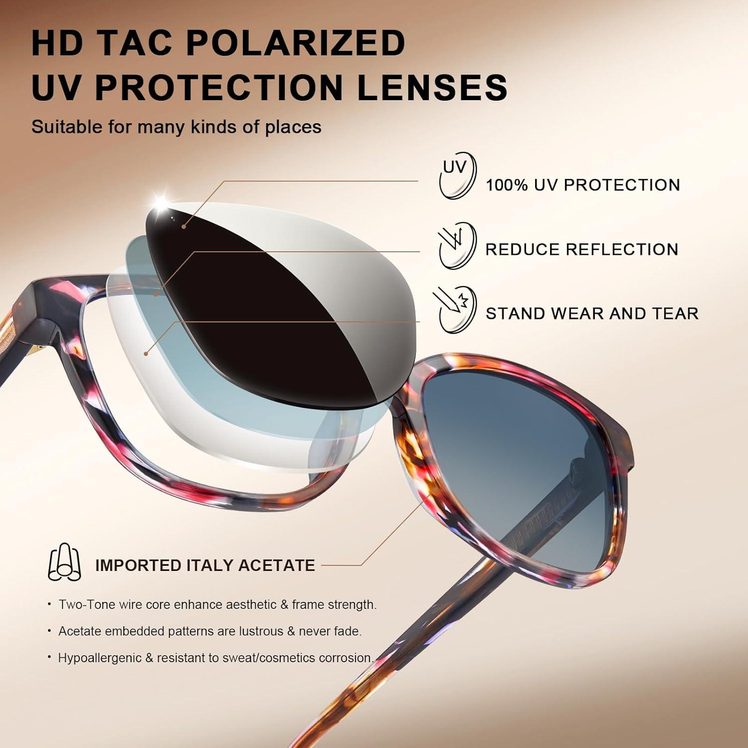 image:imageCARFIA Designer Acetate Womens Polarized Sunglasses Fit Most Face Shapes Trendy Shades UV Protection Hypoallergenic Handmade6 Redbrown Floral Frame Gradient Blue Lens